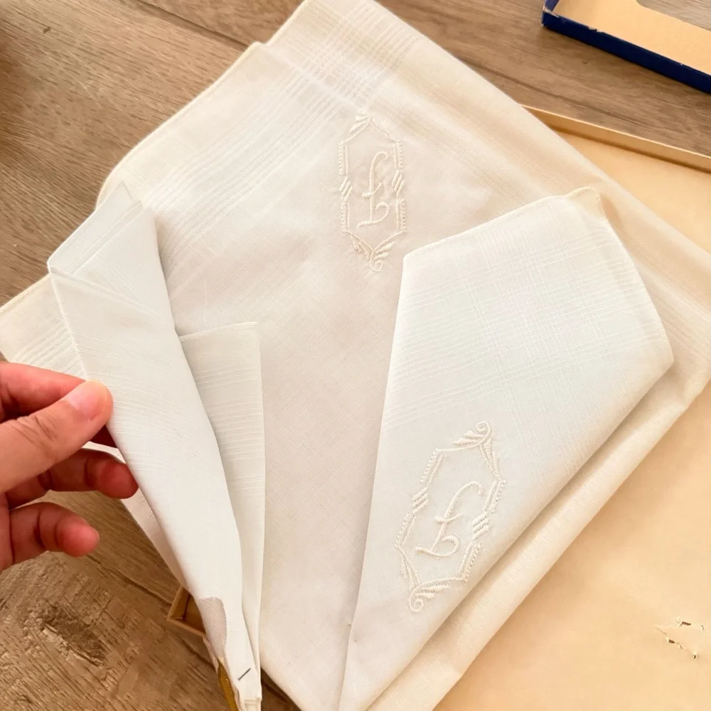 NIB Vtg Fine Quality Handkerchief Napkins Pack‎ of 4, Embroidered Letter, White